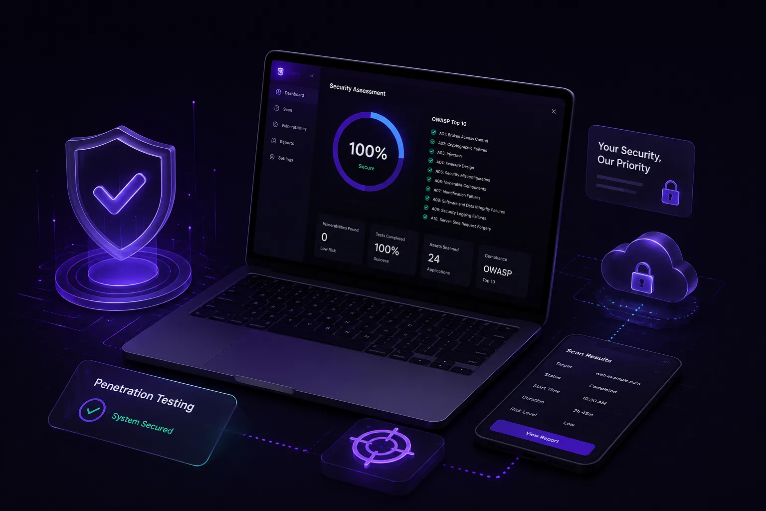 Dashboard audit keamanan DevSecOra menampilkan hasil penetration testing dan kepatuhan OWASP Top 10